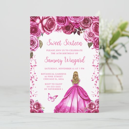 Fuchsia Roze Blond Haar Prinses Sweet Sixteen Kaart (Staand voorkant)