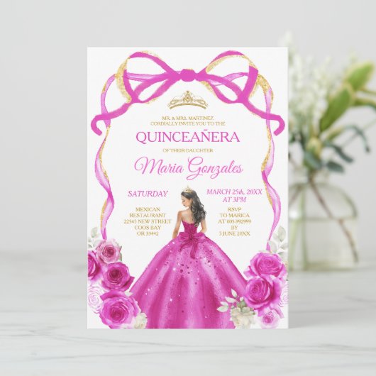 Fuchsia roze boog prinses gouden kroon Quinceañera Kaart (Staand voorkant)