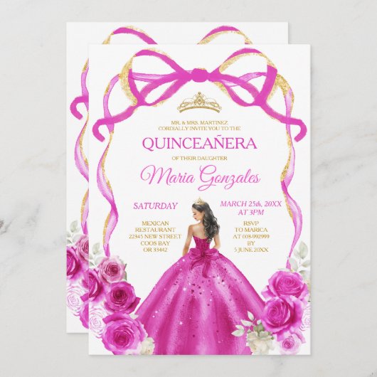 Fuchsia roze boog prinses gouden kroon Quinceañera Kaart (Voorkant / Achterkant)