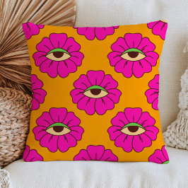 Fuchsia Roze Boze Oog Bloemen op Verbrand Oranje Kussen