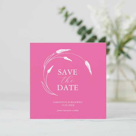 Fuchsia Roze Bruiloft Save The Date Sjablonen Kaart (Staand voorkant)