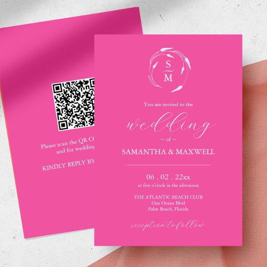 Fuchsia Roze bruiloft uitnodiging met QR-code