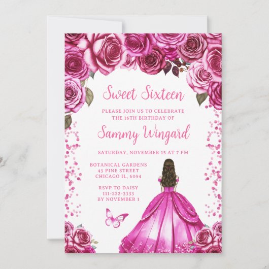 Fuchsia Roze Bruin Haar Prinses Sweet Sixteen Kaart (Voorkant)