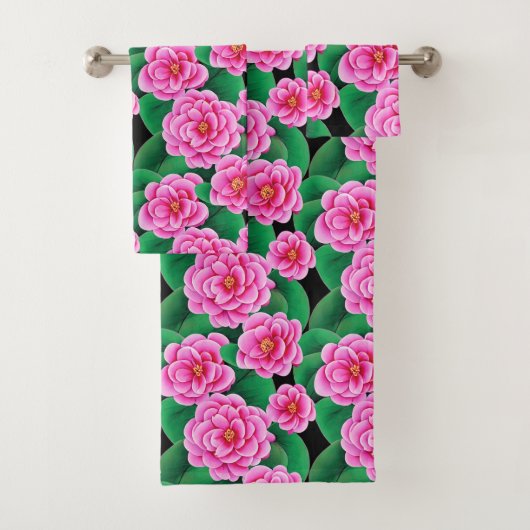 Fuchsia Roze Camellias en Jade Groene bladeren Bad Handdoek (Insitu)