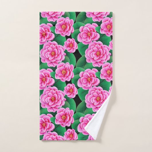 Fuchsia Roze Camellias en Jade Groene bladeren Bad Handdoek (Handdoek)