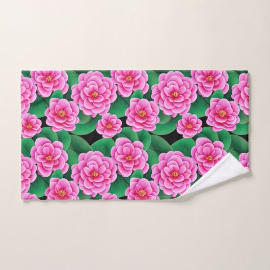 Fuchsia Roze Camellias en Jade Groene bladeren Bad Handdoek (Handdoek)