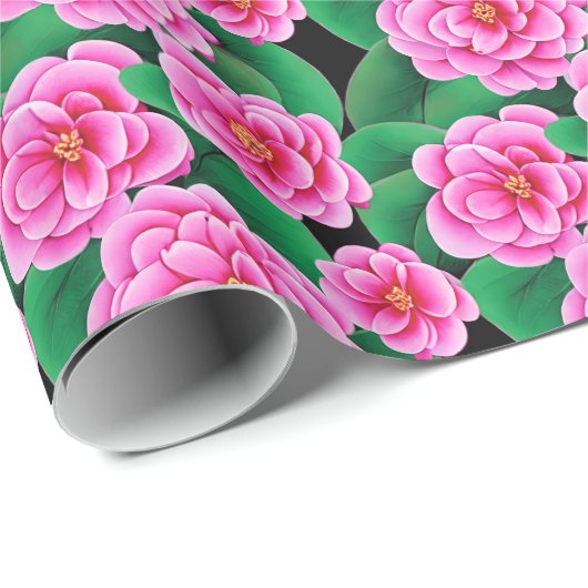 Fuchsia Roze Camellias en Jade Groene bladeren Cadeaupapier (Rol Hoek)