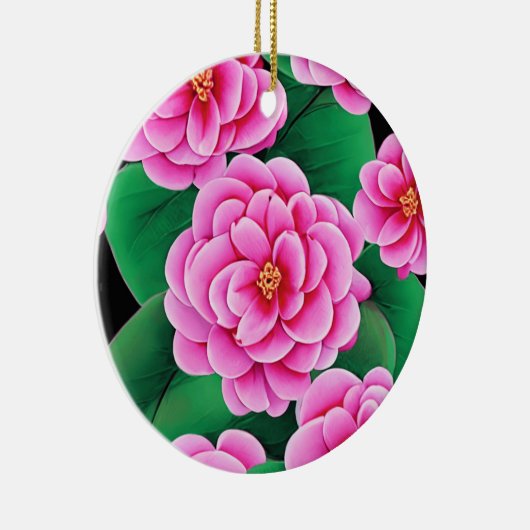 Fuchsia Roze Camellias en Jade Groene bladeren Keramisch Ornament (Rechts)