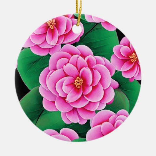 Fuchsia Roze Camellias en Jade Groene bladeren Keramisch Ornament (Voorkant)