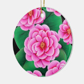Fuchsia Roze Camellias en Jade Groene bladeren Keramisch Ornament (Links)