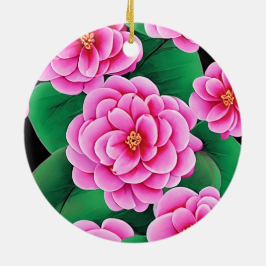 Fuchsia Roze Camellias en Jade Groene bladeren Keramisch Ornament (Achterkant)