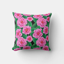 Fuchsia Roze Camellias en Jade Groene bladeren Kussen