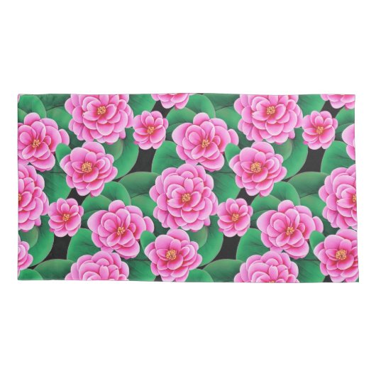 Fuchsia Roze Camellias en Jade Groene bladeren Kussensloop (Achterkant)