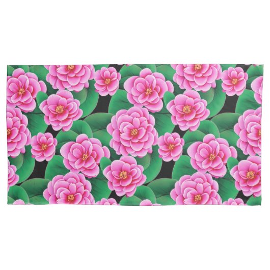 Fuchsia Roze Camellias en Jade Groene bladeren Kussensloop (Voorkant)