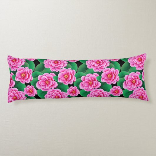 Fuchsia Roze Camellias en Jade Groene bladeren Lichaamskussen (Achterkant)