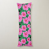 Fuchsia Roze Camellias en Jade Groene bladeren Lichaamskussen (Achterkant (Verticaal))