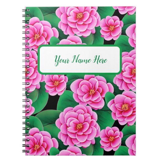Fuchsia Roze Camellias en Jade Groene bladeren Notitieboek (Voorkant)