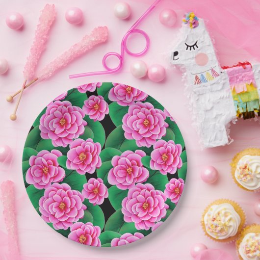 Fuchsia Roze Camellias en Jade Groene bladeren Papieren Bordje (Feest)