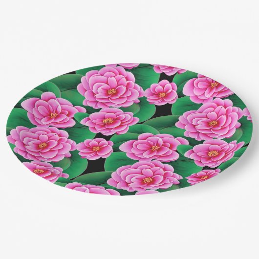 Fuchsia Roze Camellias en Jade Groene bladeren Papieren Bordje (Gekanteld)