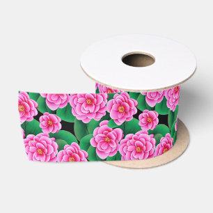 Fuchsia Roze Camellias en Jade Groene bladeren Satijnen Lint