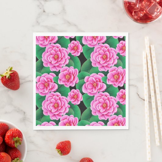 Fuchsia Roze Camellias en Jade Groene bladeren Servet (Insitu)
