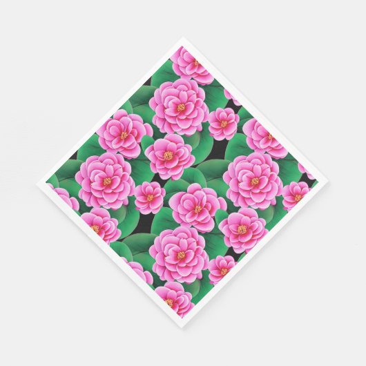 Fuchsia Roze Camellias en Jade Groene bladeren Servet (Hoek)