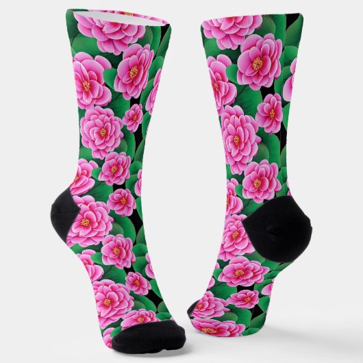 Fuchsia Roze Camellias en Jade Groene bladeren Sokken (Gebogen)