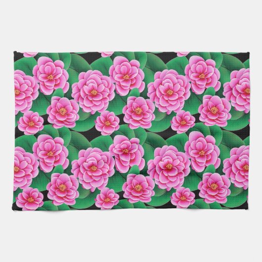 Fuchsia Roze Camellias en Jade Groene bladeren Theedoek (Horizontaal)