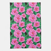 Fuchsia Roze Camellias en Jade Groene bladeren Theedoek (Verticaal)