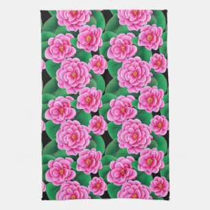 Fuchsia Roze Camellias en Jade Groene bladeren Theedoek