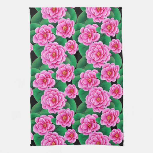 Fuchsia Roze Camellias en Jade Groene bladeren Theedoek (Verticaal)