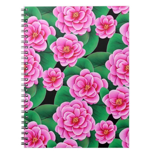 Fuchsia Roze Camellias & Jade Groene bladeren Notitieboek (Voorkant)