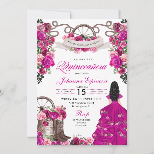 Fuchsia Roze Cowgirl Western Charro Quinceanera Kaart (Voorkant)