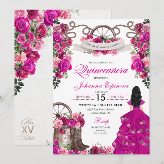 Fuchsia Roze Cowgirl Western Charro Quinceanera Kaart (Voorkant / Achterkant)
