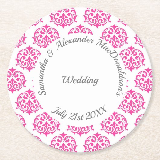 Fuchsia roze damast bruiloft ronde kartonnen onderzetter (Voorkant)