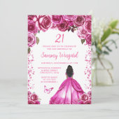 Fuchsia Roze Donkere Huid Prinses Verjaardagsfeest Kaart (Staand voorkant)