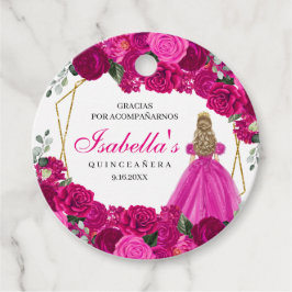 Fuchsia Roze en Goud Bloemen Quinceanera Cirkel Bedankjes Labels