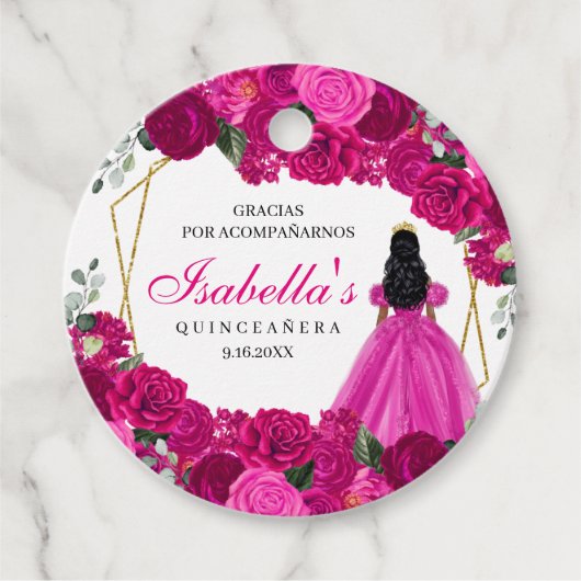 Fuchsia Roze en Goud Bloemen Quinceanera Cirkel Bedankjes Labels (Voorkant)