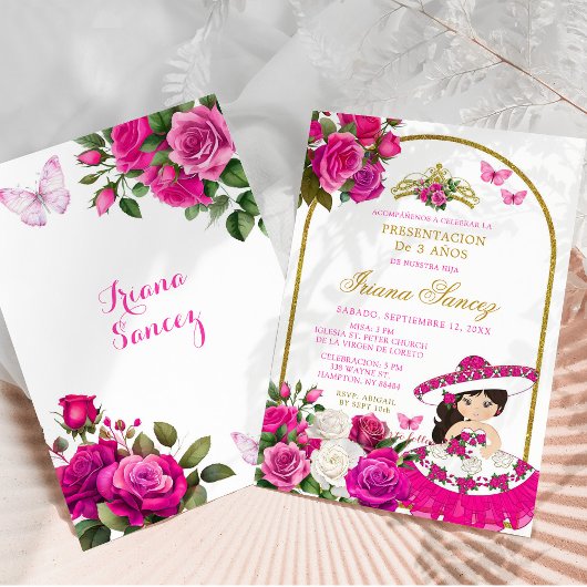 Fuchsia Roze en Goud Presentacinón De 3 Anos Kaart