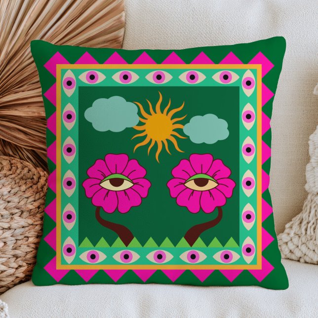Fuchsia Roze en Smaragdgroene Boze Ogen Funky  Kussen (Creator heeft geüpload)