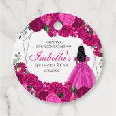 Fuchsia Roze en Zilver Bloemen Quinceanera Cirkel Bedankjes Labels (Voorkant)
