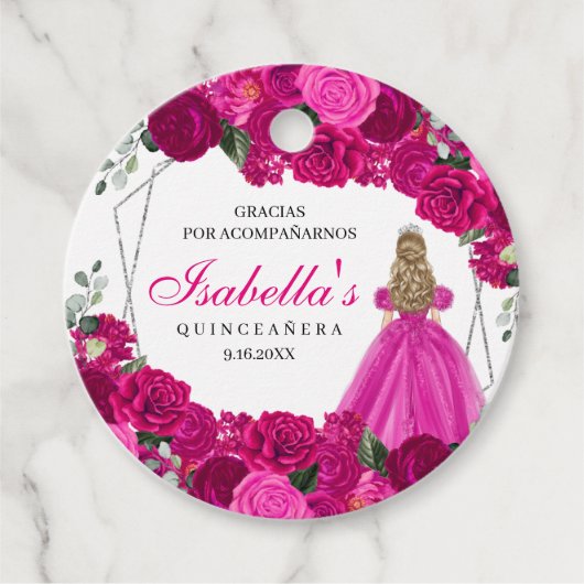 Fuchsia Roze en Zilver Bloemen Quinceanera Cirkel Bedankjes Labels (Voorkant)