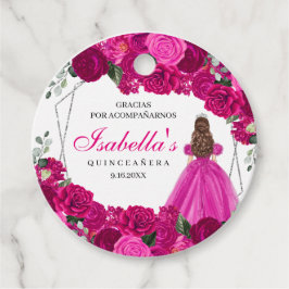 Fuchsia Roze en Zilver Bloemen Quinceanera Cirkel Bedankjes Labels