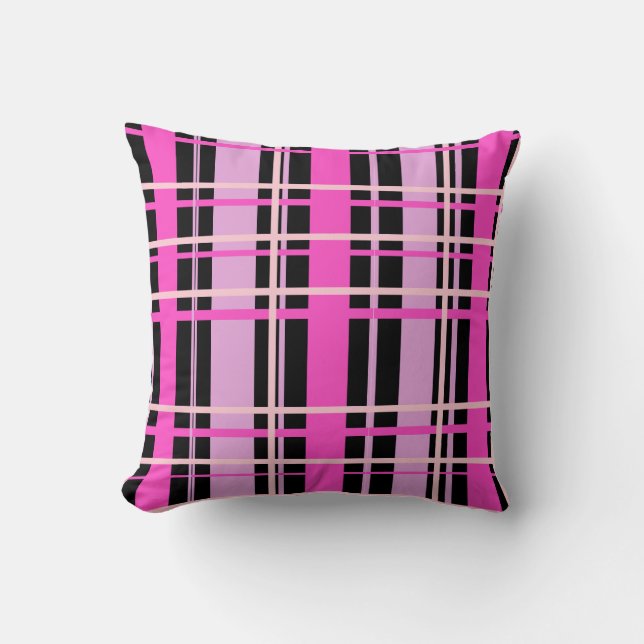 Fuchsia Roze en Zwarte Geruite Worp Kussen (Voorkant)