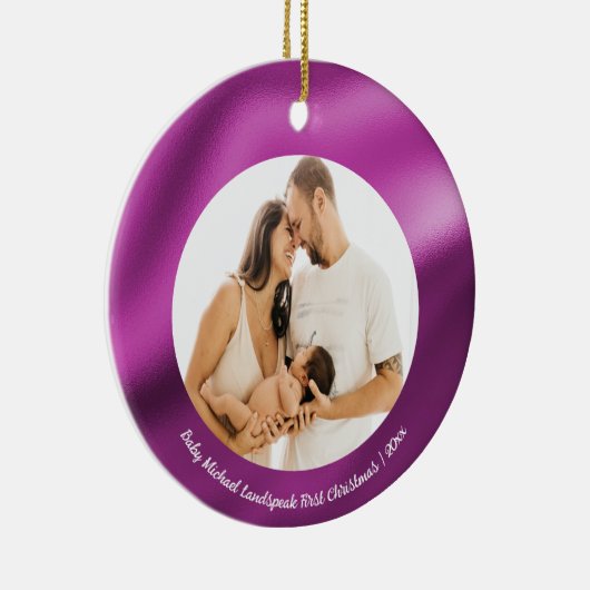 Fuchsia Roze Folie, Baby 1e kerst Keramisch Ornament (Rechts)