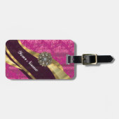 Fuchsia roze gepersonaliseerd  demaspatroon bagagelabel (Voorkant horizontaal)