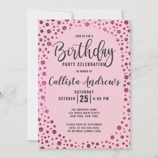 Fuchsia Roze Glitter Confetti Border Verjaardag Kaart (Voorkant)