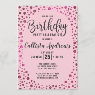 Fuchsia Roze Glitter Confetti Border Verjaardag Kaart