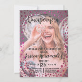 Fuchsia roze glitter Confetti foto Quinceañera Kaart (Voorkant)
