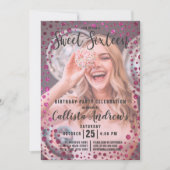 Fuchsia Roze Glitter Confetti Foto Sweet 16 Kaart (Voorkant)